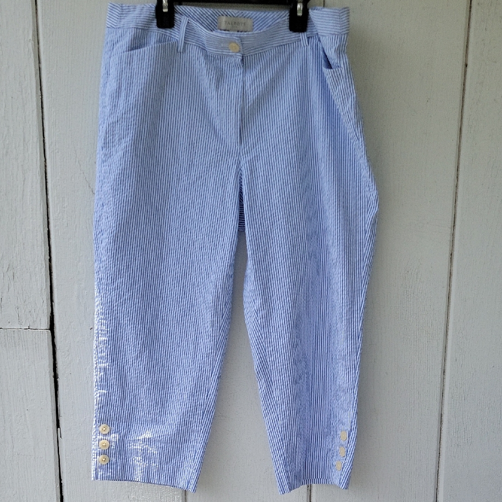 Talbots Light Blue Striped Capris Pants Seersucker With Buttons